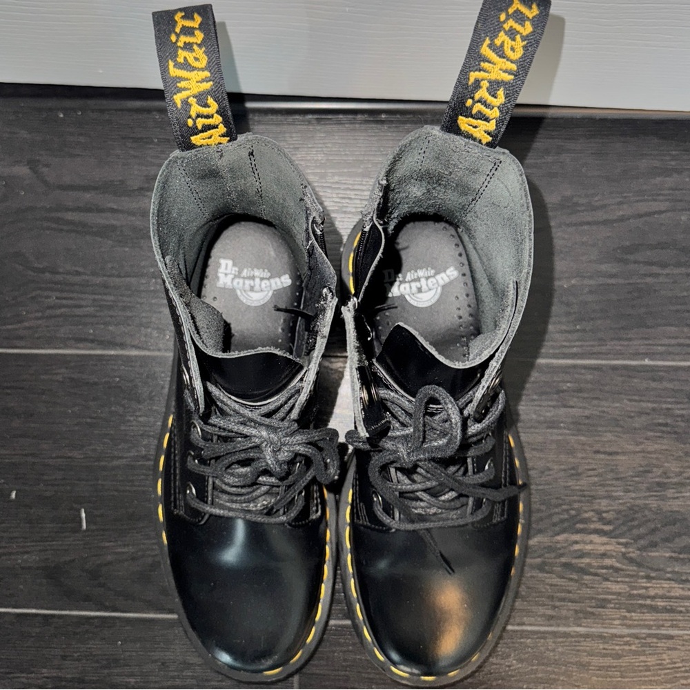 Dr. Martens Black Jadon Platform Lace-Up Boots with Yellow Welt - Picture 3 of 10
